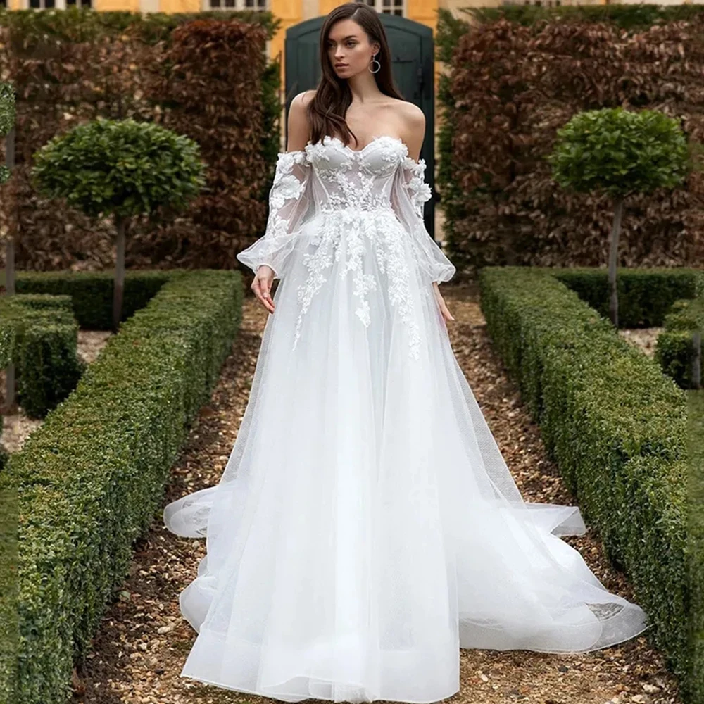 

Elegant Beautiful Wedding Dresses Lace Appliques Flowers Off Shoulder Fluffy Sleeves Sexy Backless Modern Tulle Bride Gown 2023