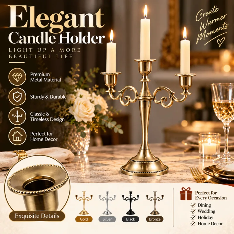Classic European Vintage Metal Candelabra, 3 Arm Candle Holder Stand, Gold Bronze Tone Wedding Home Tabletop Decor Birthday Gift