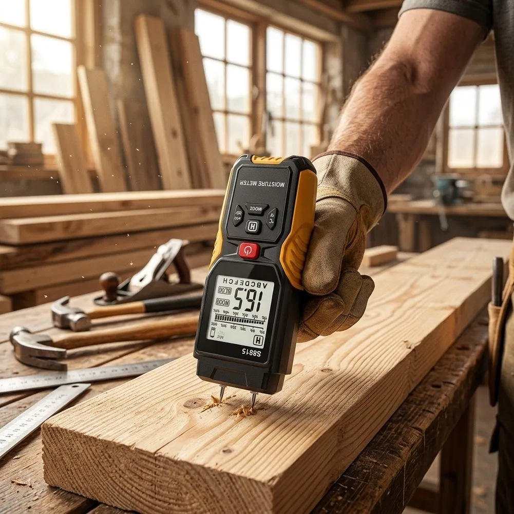 LCD Moisture Meter with Audible Alarm and HOLD Function for Reliable Damp Reading on Multiple Building Materials