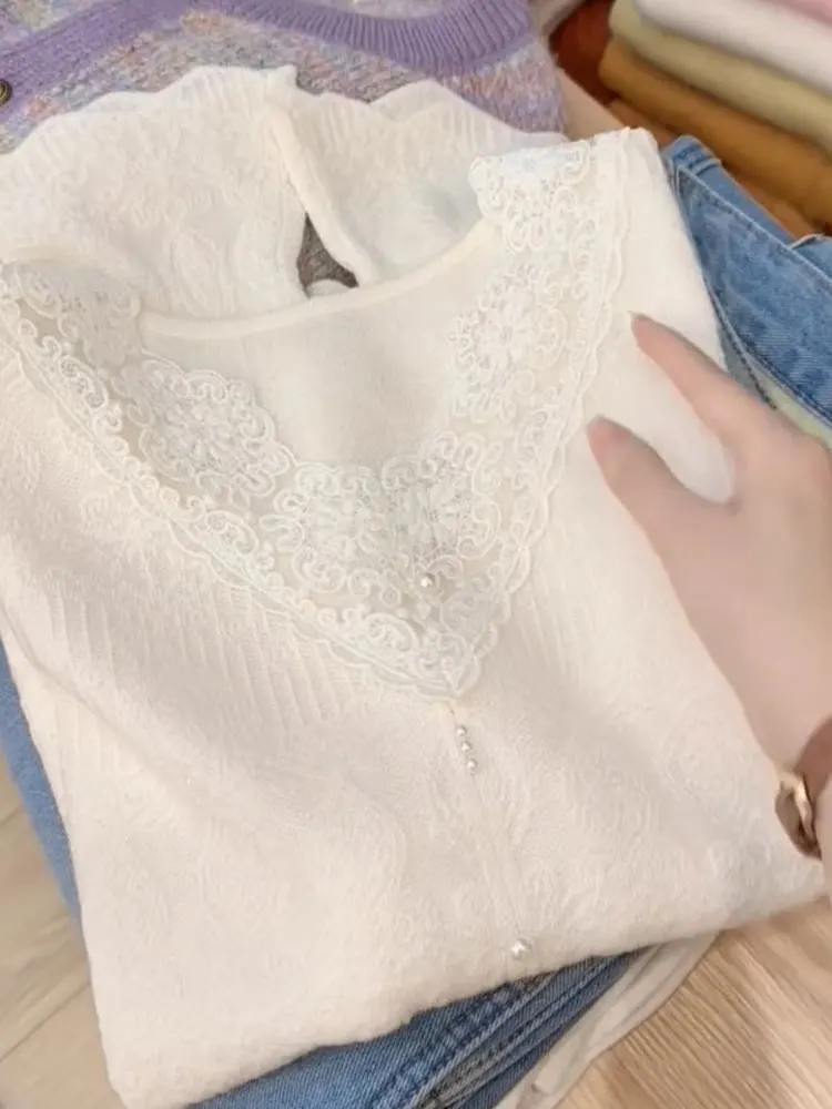 قميص داخلي أنيق بياقة V من الدانتيل، يضفي مظهرًا شبابيًا، أسلوب رقيق وعصري، ملابس داخلية فريدة لموسم الخريف، ملابس محبوكة للس... #5
