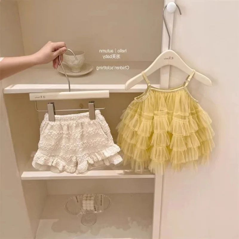 

Girls' Summer Outfit: Baby Girl's Sweet Cake Tulle Dress with Camisole and Children's Lace Shorts Two-Piece Set