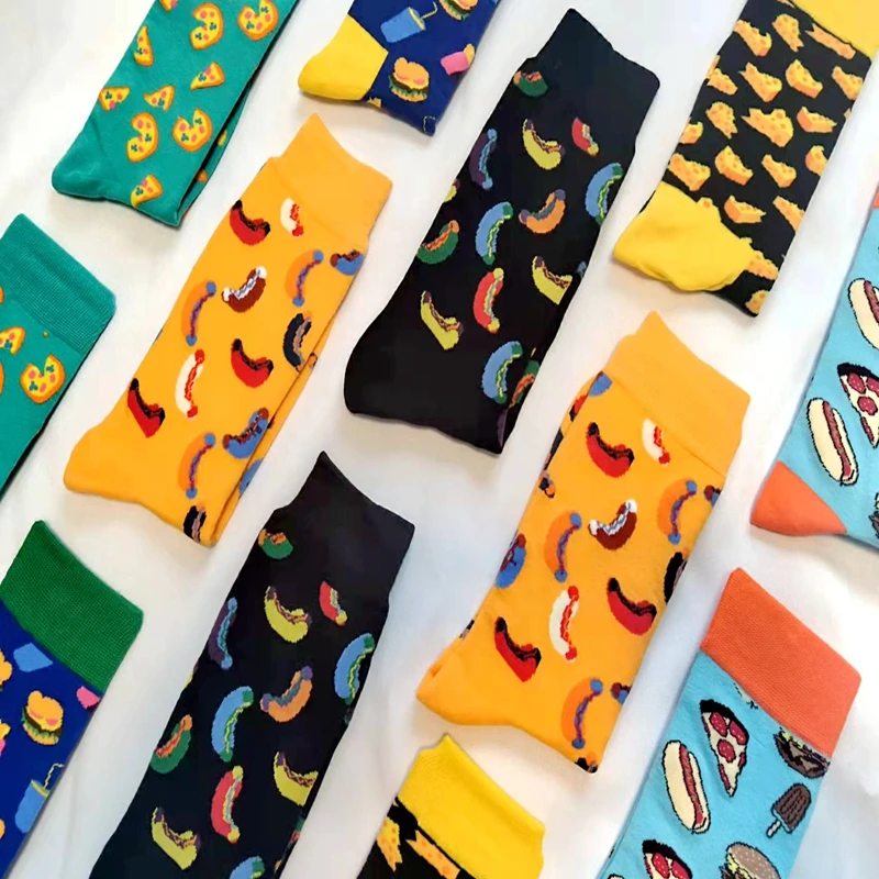 Fun Printed Fruit Food Socks Women streetwear Funny Cartoon Banana Burger pizza Ice Cream Novelty Colorful Skateboard Socks