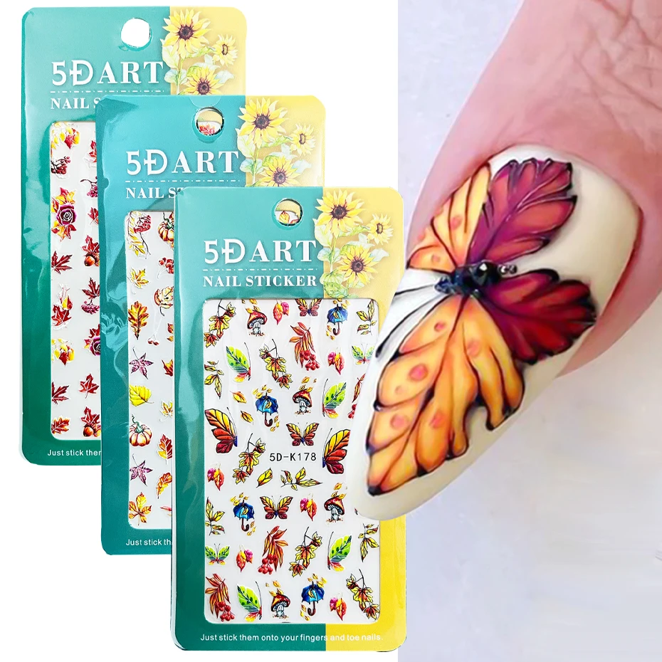 

1 шт. 5D наклейки для дизайна ногтей в виде осенних листьев, кленовый лист, Бабочка, гриб, зонт с гравировкой, рельефный слайдер, Осеннее украшение для маникюра