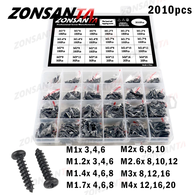 450-2010pcs M1.2 M1.4 M2 M3 M4 Black Cross Phillips Pan Round Head Carbon Steel Self tapping Wood Screw Set Assortment Kit Box