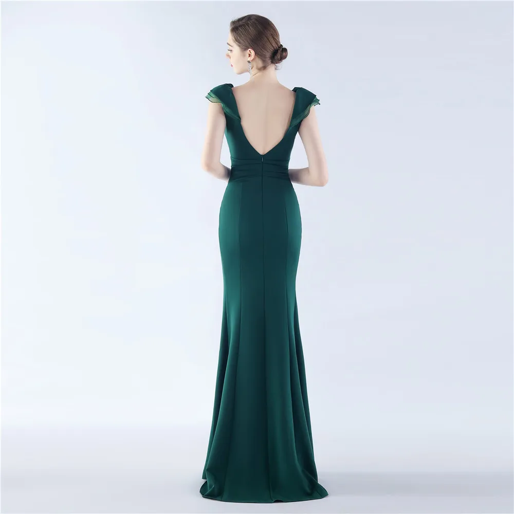 DEERVEADO Mermaid V Neck Slit Soft Satin Evening Dress Long for Woman Cap Sleeves Party Maxi Dress Formal Dress Prom Gown