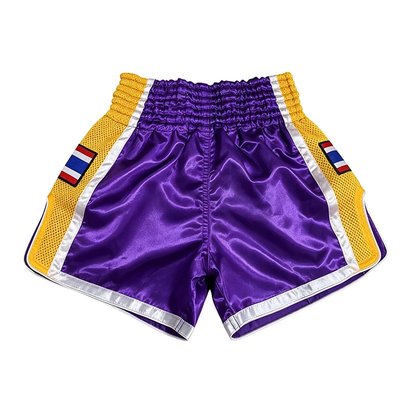 Purple Satin Muay Thai Shorts for Men Women Kids Yellow Mesh Side Panels Thai Flag Patch MMA Training Sparring Kickboxing Trunks