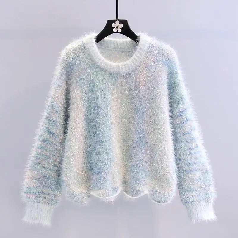 Harajuku Sweet Faux Mink Hair Sweater For Women Autumn Winter Long Sleeve Loose Jumper Lady Cute Fresh Hairy Knitwear Top