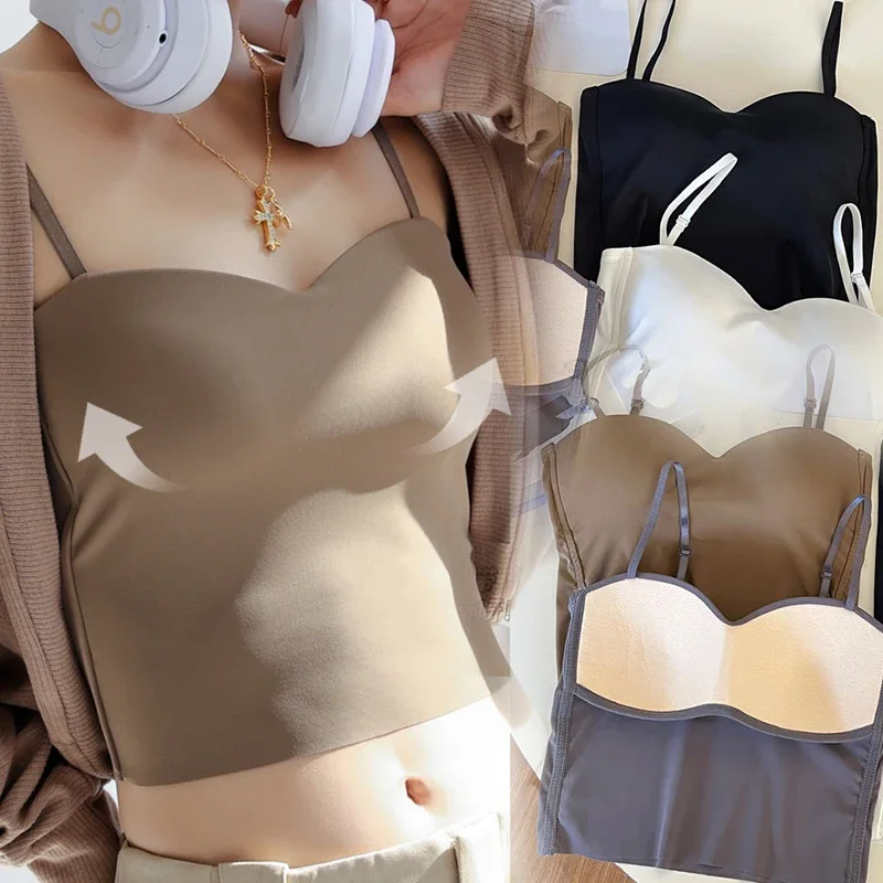 Women Crop Tops Sexy Solid Color Camisole Ice Silk Tube Top Seamless Sports Tank Top Wireless Underwear Padded Bra Bralette Vest