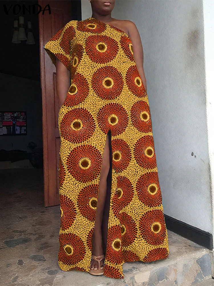 

Plus Size 5XL VONDA Bohemian Long Dress Sexy Off Shoulder Maxi Vestidos Women Short Sleeve High Split Vintage Printed Beach Robe
