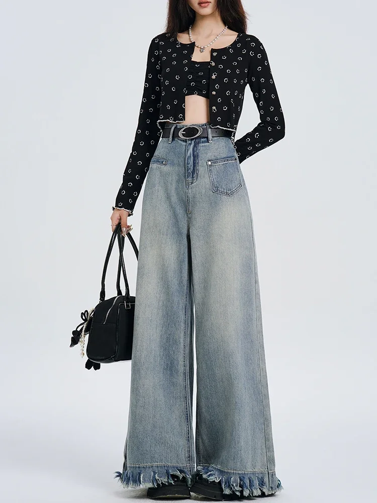 

2024 Blue Women Jeans High Waist Vintage Straight Baggy Denim Pants Streetwear Y2K American Style Fashion Wide Leg Denim Trouser