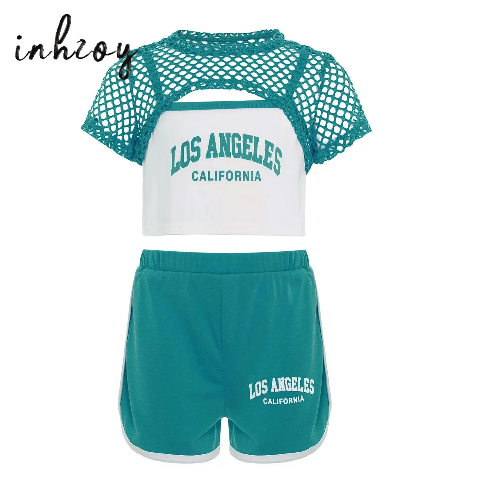 Costume da ballo di strada hip-hop per bambina, 3 pezzi, casual, manica corta, scava fuori, top corto in rete, camicia + canotta, gilet + pantaloncini