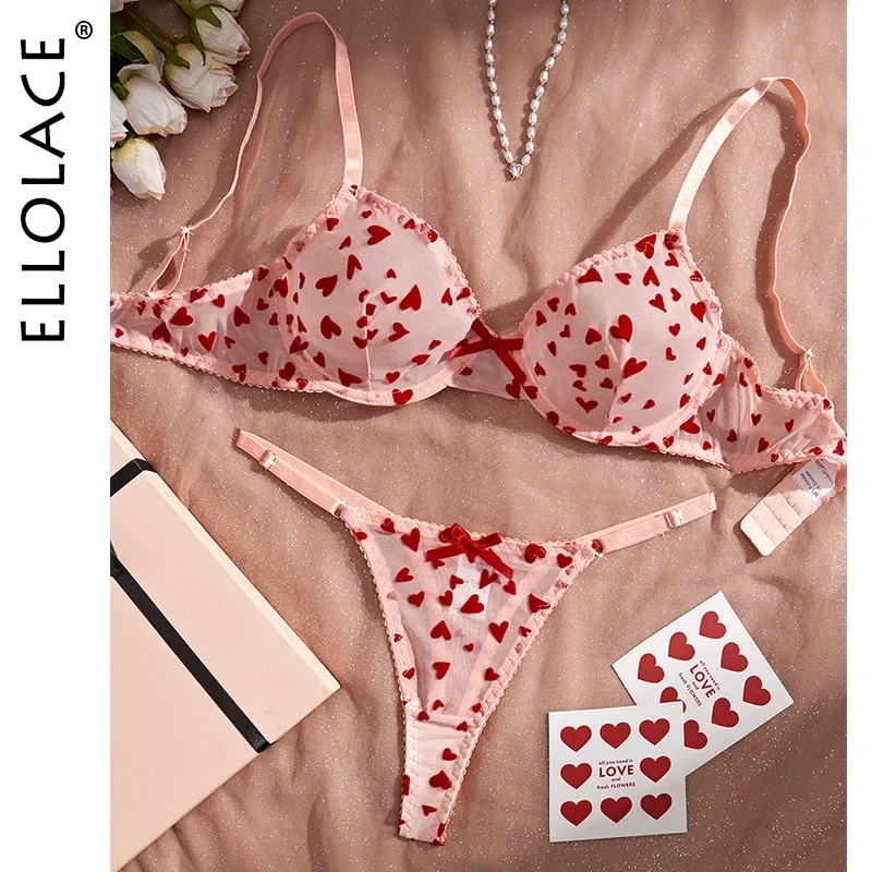 

Ellolace Romantic Velvet Heart Lingerie Valentine Lingerie 2 Pieces Set For Woman Sissy See Through Underwear Exotic Sets