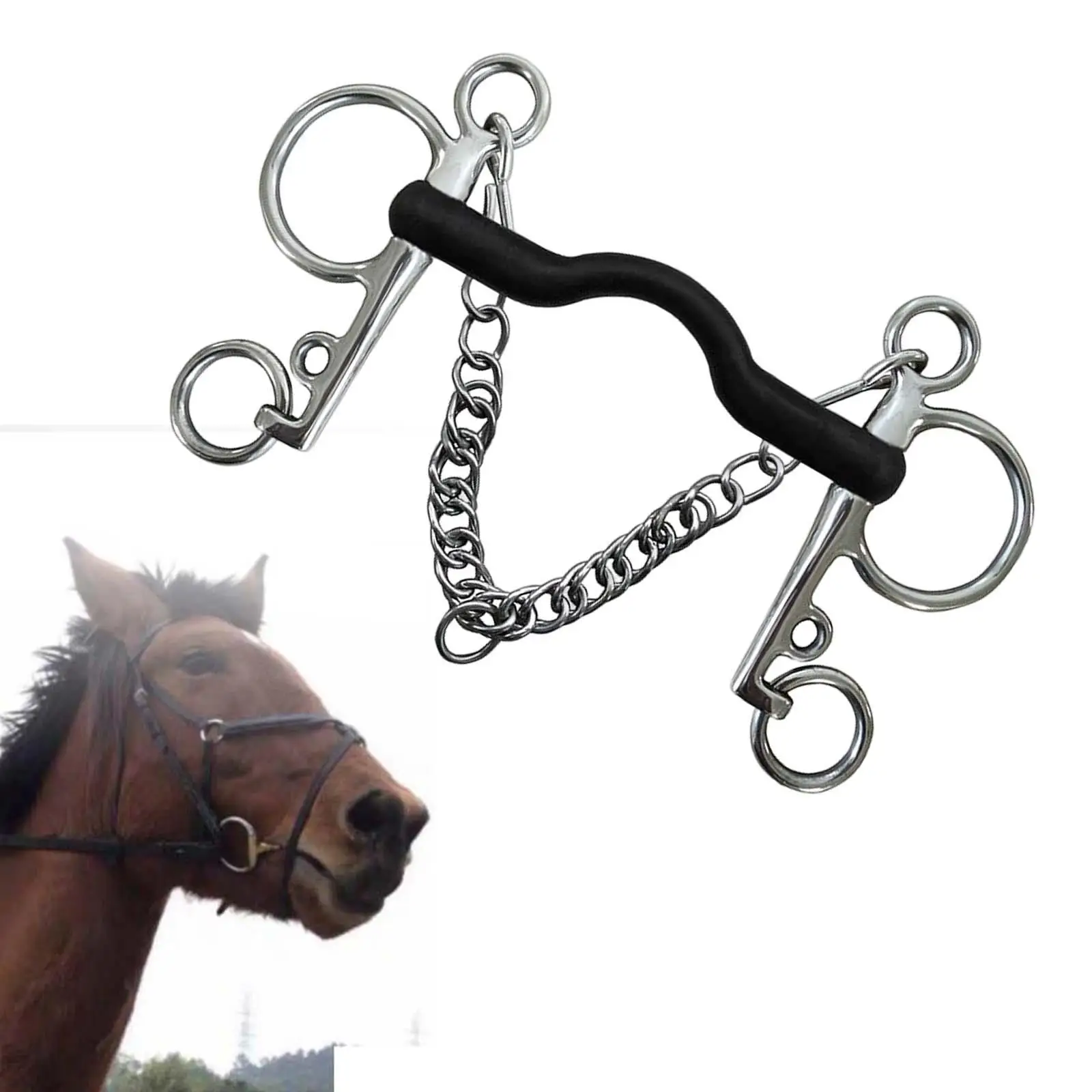 Horse Bit, Stainless Steel, W/Curb Hooks Chain, dengan perak trim, pipi mulut untuk kinerja peralatan pelatihan pengekang kuda