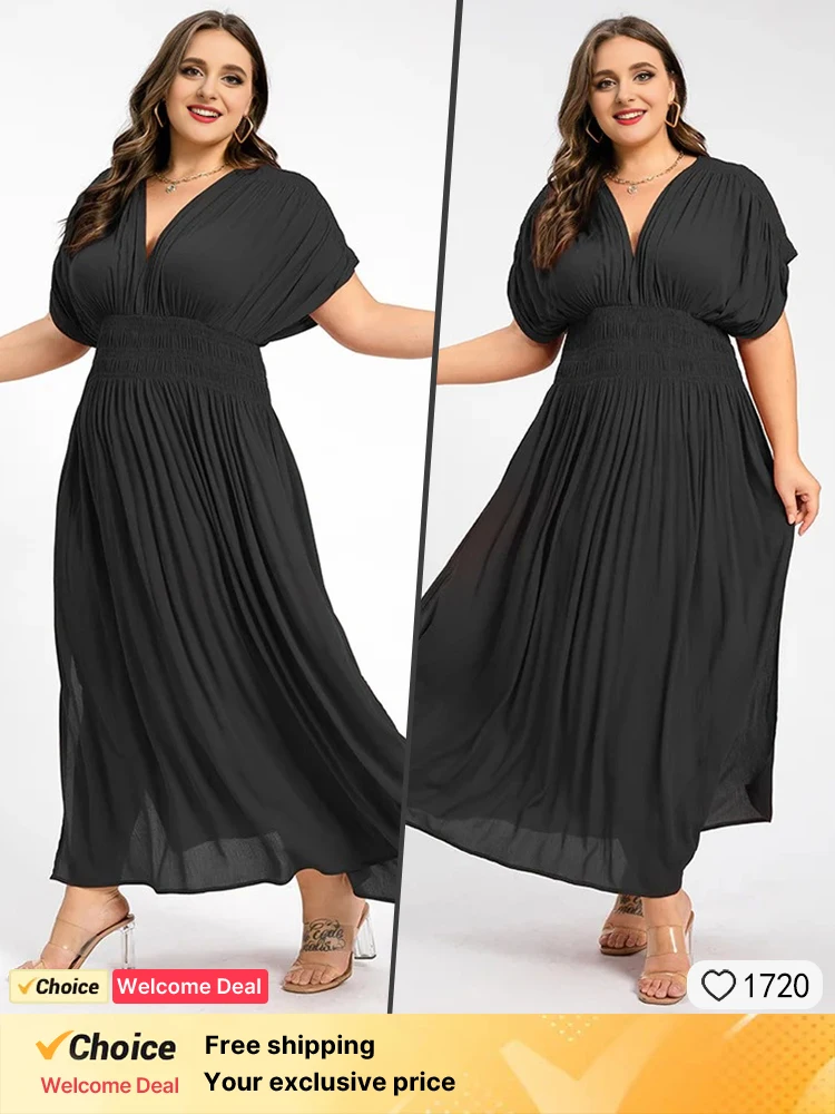 

Plus size original black women's dress solid color chiffon batsleeved women's dress elegant V-neck pleated evening dress