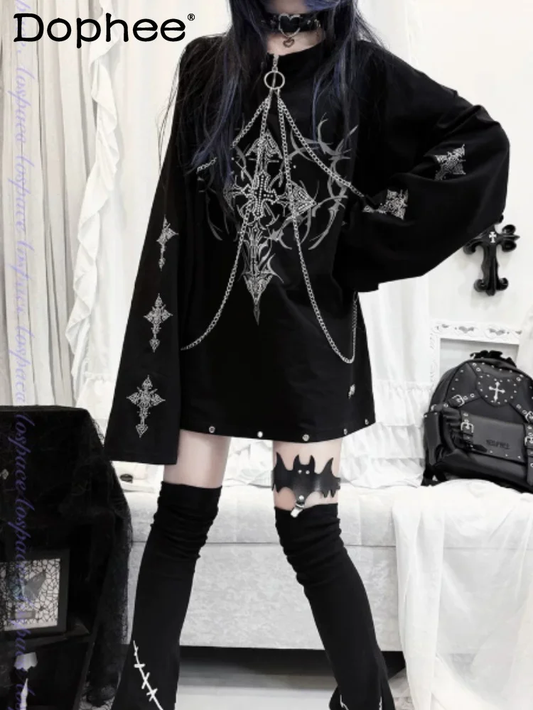 

Japanese Original Heavy Industry Hot Diamond Lolita Round Neck Long-sleeved T-shirt Y2k Subculture Versatile Dark Loli Girl Top