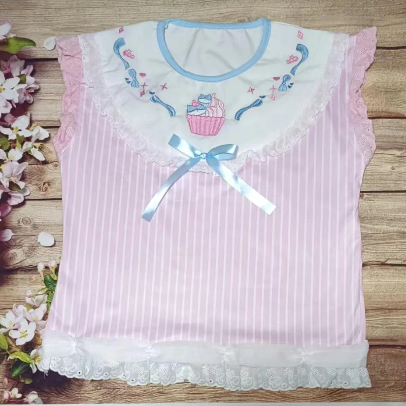 Sweet Lolita Crop Tops Women Y2k Aesthetic Bow Lace Patchwork Prink Kawaii T-Shirt Grunge Fairy Japanese Gothic Cat Ears Tee Top