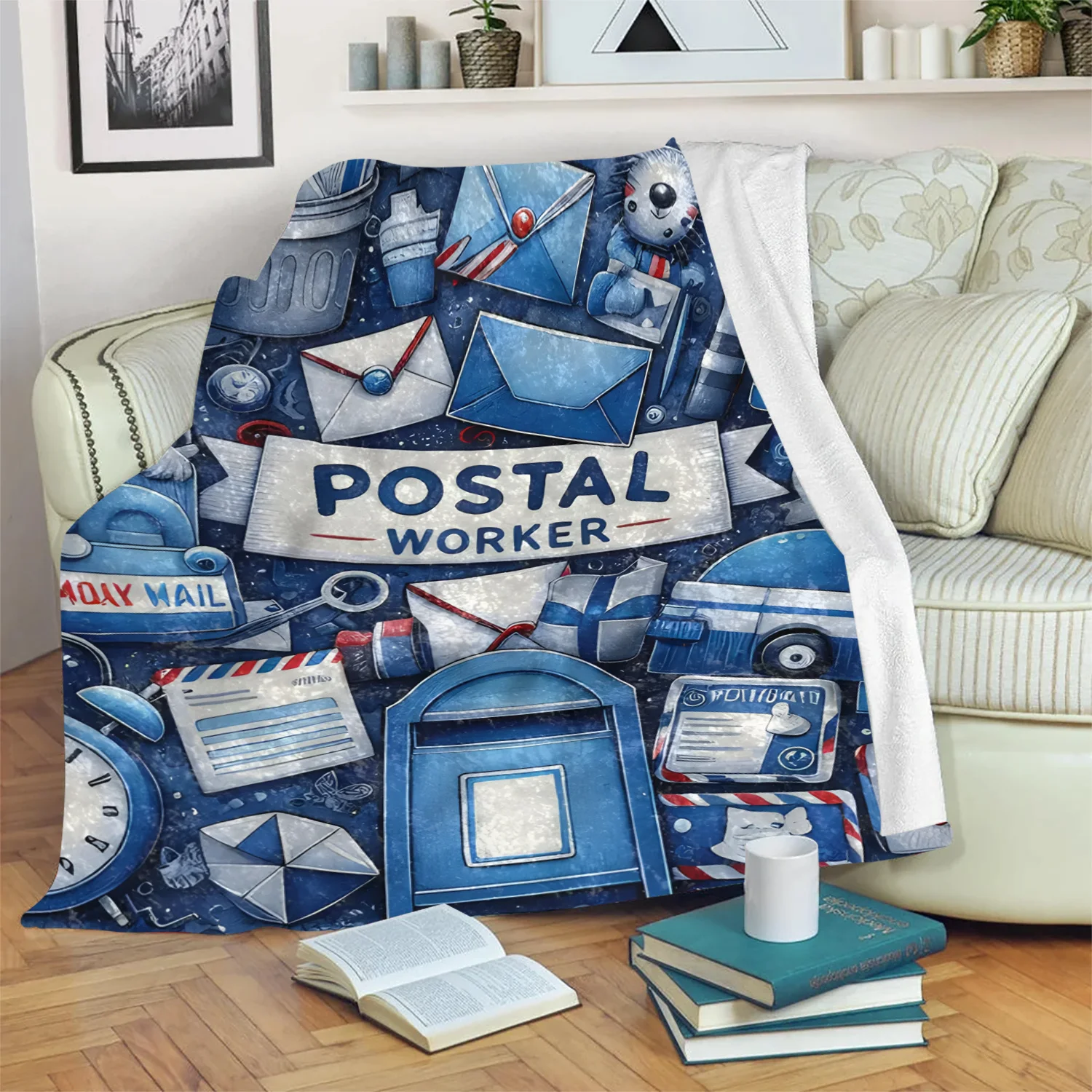 1pc Postal Worker Theme Flannel Fleece Blanket - Contemporary Style, All Seasons, 100% Polyester, Digital Print, Knitted Craftsm