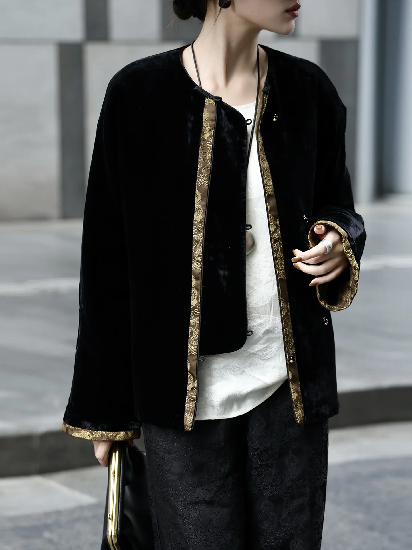 

New Chinese Style Double-Sided Wear Velvet round Neck Silk Jacket Women Super Beautiful Cotton Clothes Autumn Winter