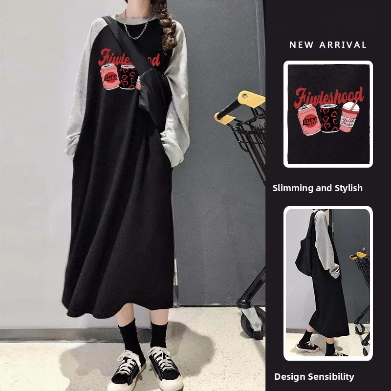 فستان نسائي طويل فضفاض بأكمام طويلة وياقة مستديرة للخريف المبكر، مناسب للنساء ذوات الأحجام الكبيرة، فستان طويل للربيع والخريف