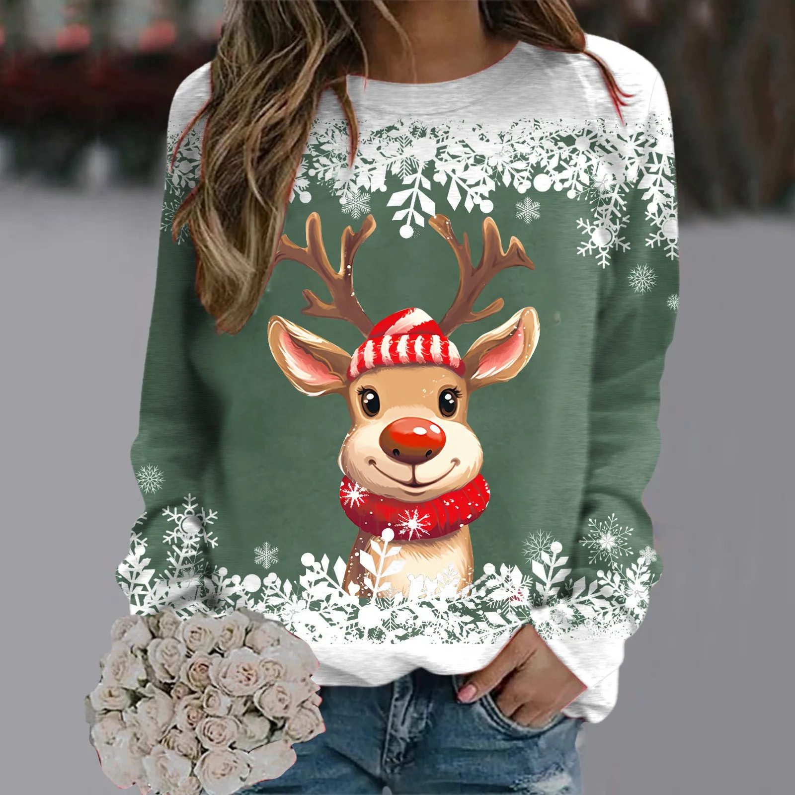 คริสต์มาส Reindeer กราฟิกพิมพ์ Casual Hoodie แขนยาวลูกเรือคอเสื้อกันหนาวน่ารัก Xmas หลวม Fit แฟชั่นผู้หญิง