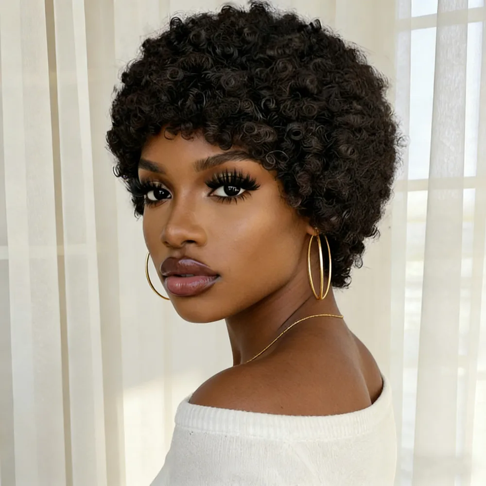 

Короткие кудрявые парики в стиле афро, парик пикси, кудрявый парик из натуральных волос для женщин, машинная работа, короткий парик с стрижкой пикси.