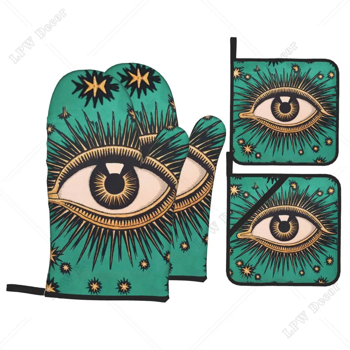 All Seeing Eye Art Oven Mitts and Pot Holders Sets of 4 High Heat Resistant Evil Mystic Eyes Cooking Baking Gloves Kitchen BBQ