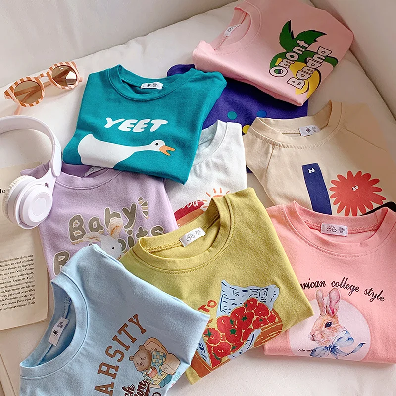 RAISE 2026 Summer Toddler Girl Tee Cotton Round Collar Rainbow Kids Baby Girl Top Letter Print Thin Little Children Girl T-shirt