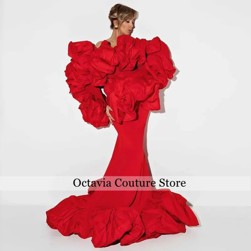 

Amazing Puffy Red Mermaid Evening Dresses Ruffles Lush Long Sleeves Stretch Taffeta Formal Party Dress Backless Prom Gowns