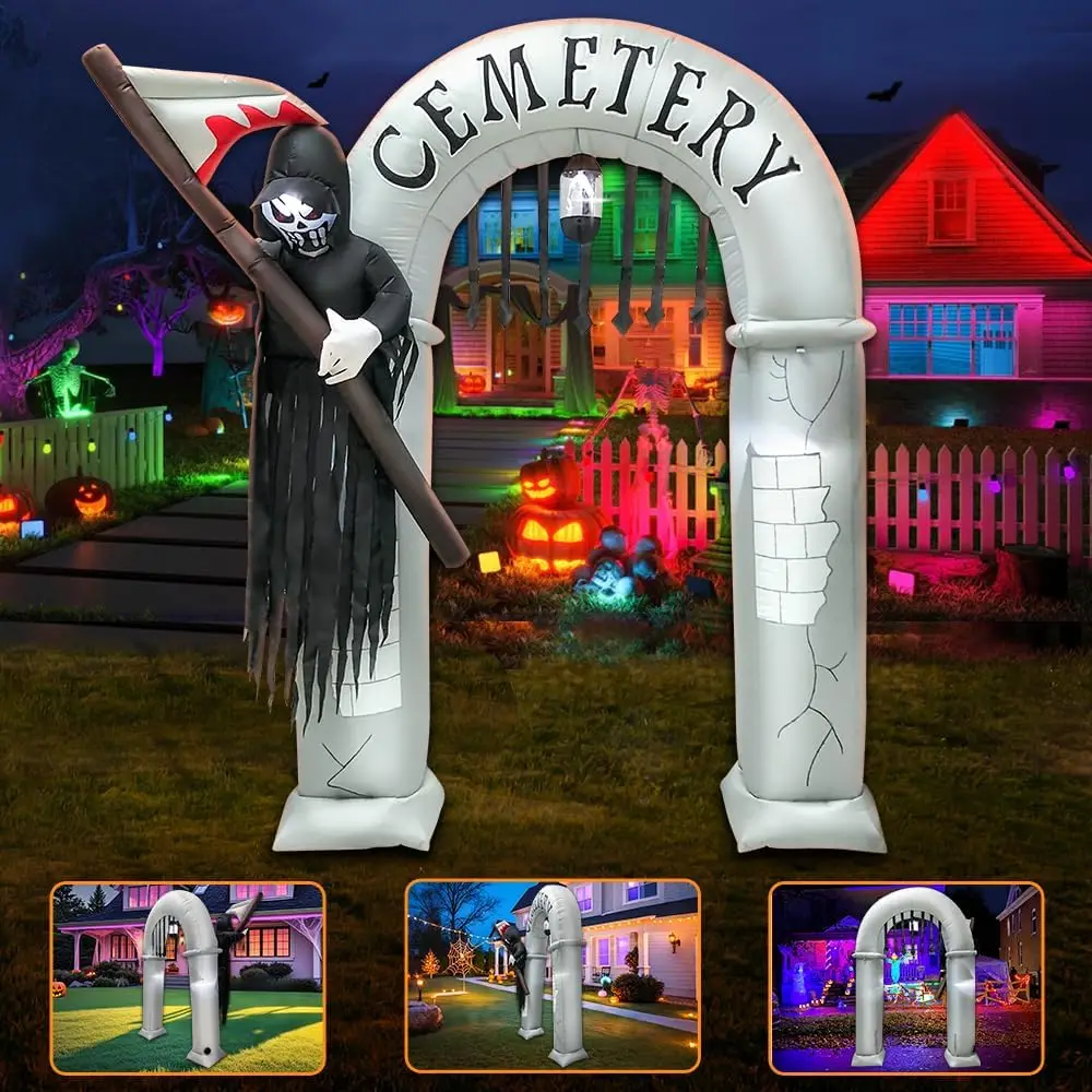 8FT Halloween Archway Inflatable Decoration, LED-Lit Spooky Scary Grim Reaper Blow-Up Outdoor Inflatable for Holiday Party, Lawn, Yard and Garden Halloween Decor