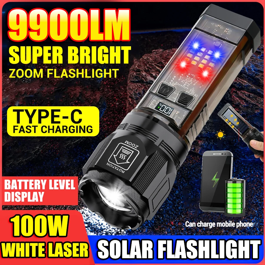 Super Bright White Laser Zoomable Flashlight Long Range 1000M Solar And USB Rechargeable Outdoor Multifunction Powerful Torch