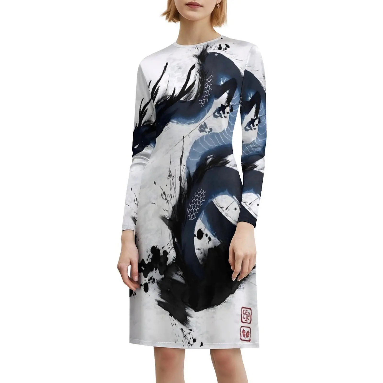 فستان ياباني داكن الجانب التنين الحبر غسل البوهيمي بلا أكمام متعدد الطباعة شاطئ عطلة فستان الحفلات اليابانية اليابان الوشم الأزرق #6