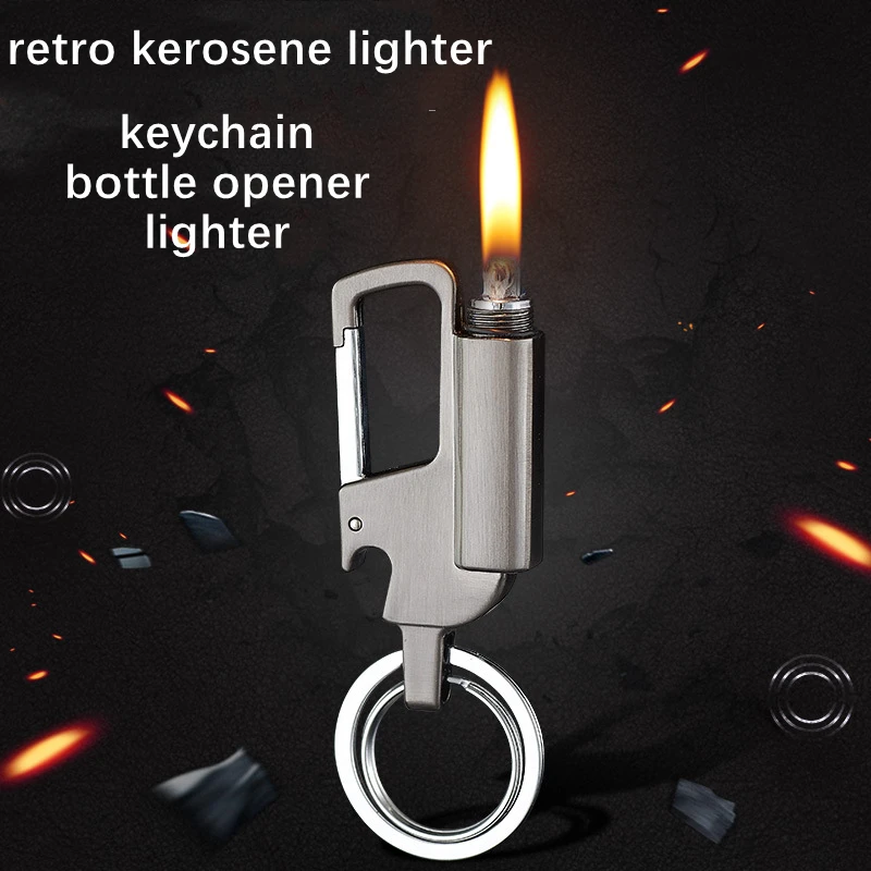 Metal Kerosene Lighter Retro Grinding Wheel Waterproof Lighter Keychain Bottle Opener Outdoor Windproof Lighter Men\'s Gift