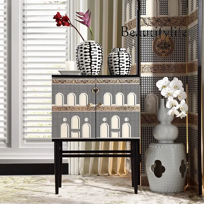 X35 Medieval French Retro Black And White Lattice Locker Side Cabinet Entrance Entrance Jewelry Cabinet