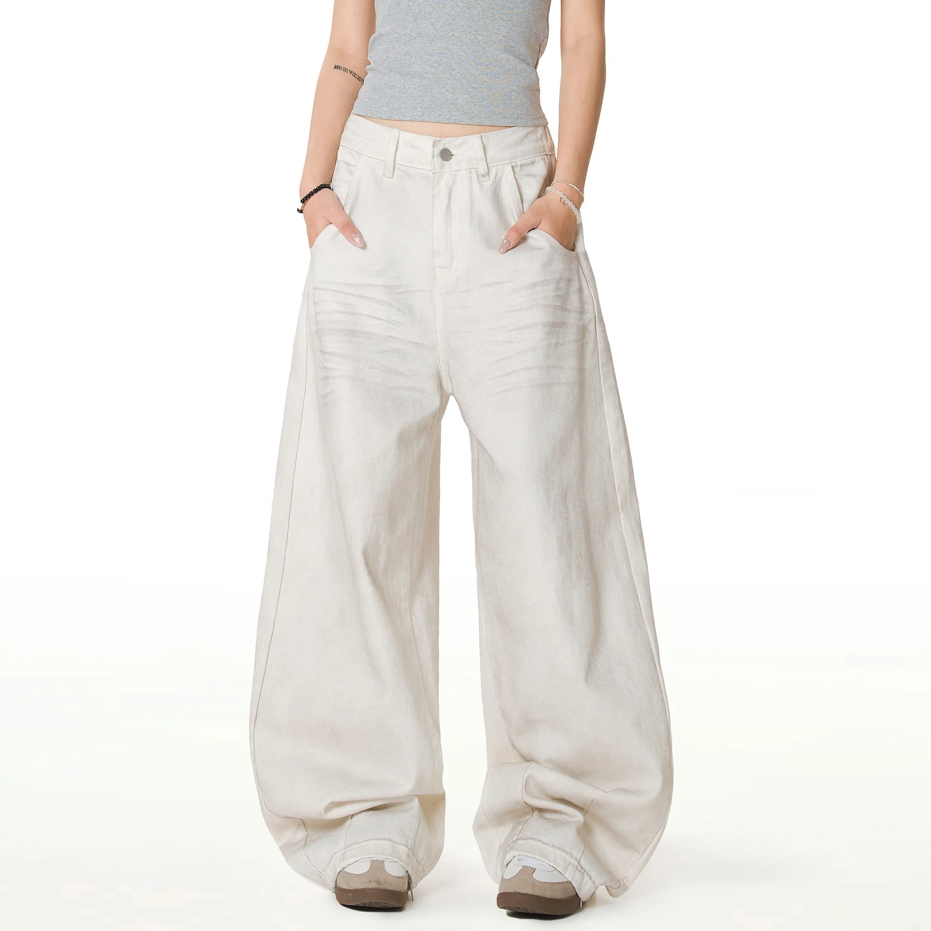 OR FL Women's Retro Aging Cat Whiskers Scratch Mark Dirty Pants White Wide Leg Curved Knife Pants Baggy Slacks Women Y2k