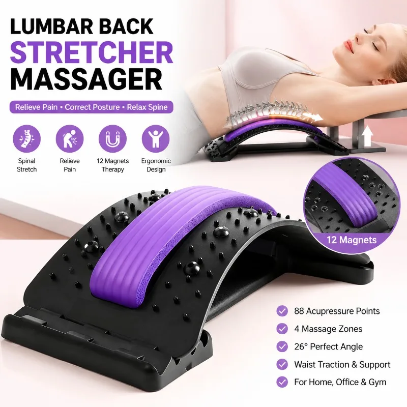 1 Pcs Lumbar Back Stretcher Massager Spine Pain Relief Lower Back Traction Posture Corrector Acupressure Board Magnetic Therapy