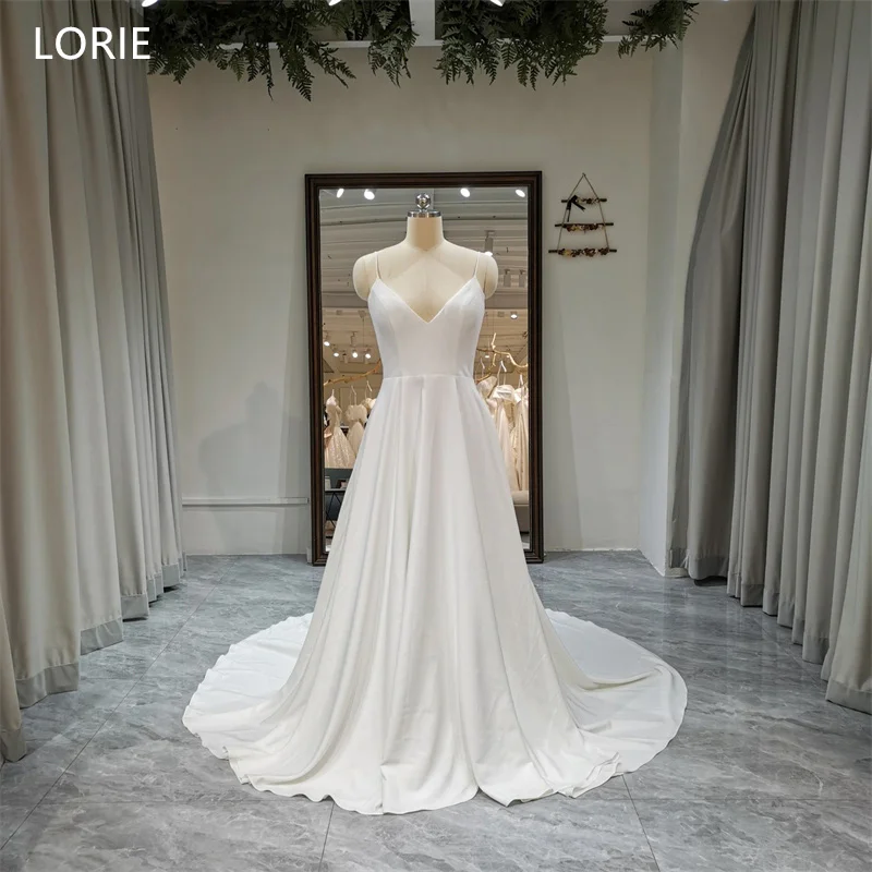 

LORIE V-Neck Satin Wedding Dresses Spaghetti Strap Pleat A-Line Bride Prom Gown Floor-Length Elegent Bridal Gown Customized