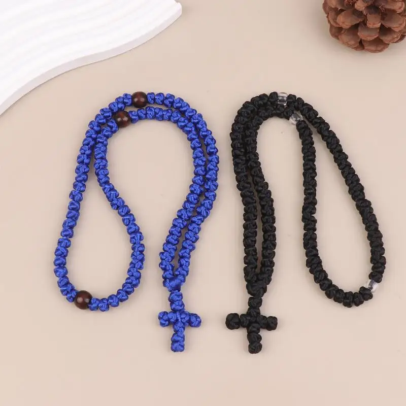 【IIOO】Black/Blue Komboskini Knot Necklace Handmade Orthodox Religous Rosary Prayer Rope Cross Jewelry Gift