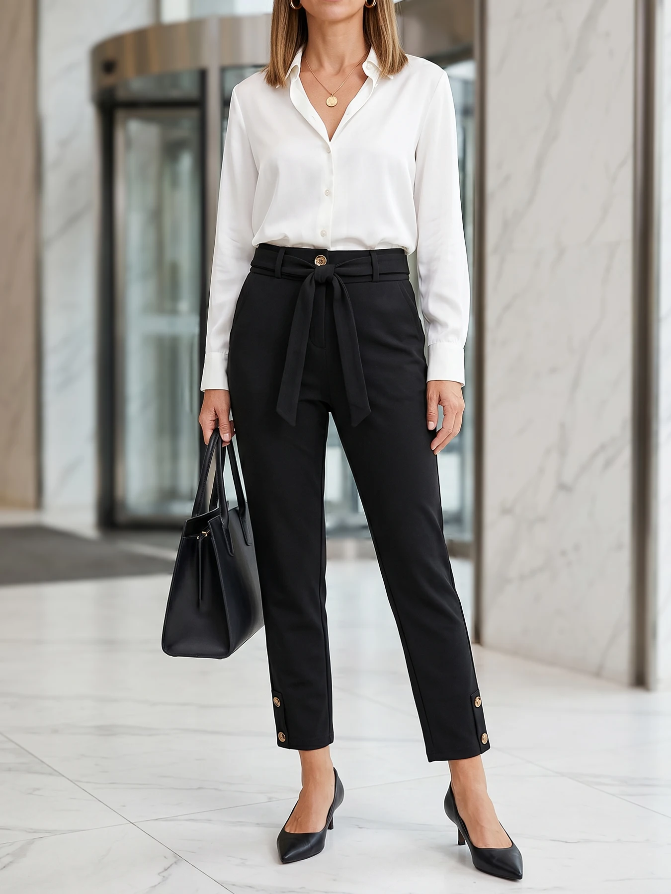Women's elegant high-waisted formal trousers with chic button details and cropped length.