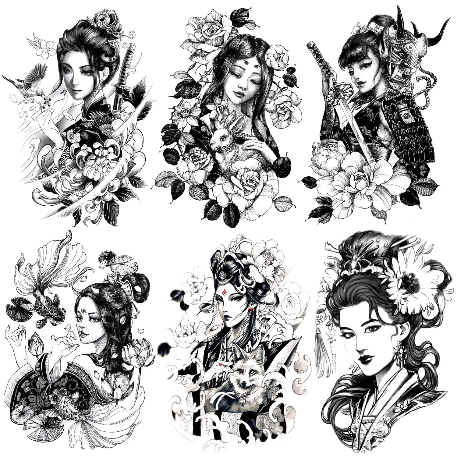 6 Sheets Black Japan Warrior Samurai Goldfish Geisha Bird Lotus Prajna Rabbit Temporary Tattoos