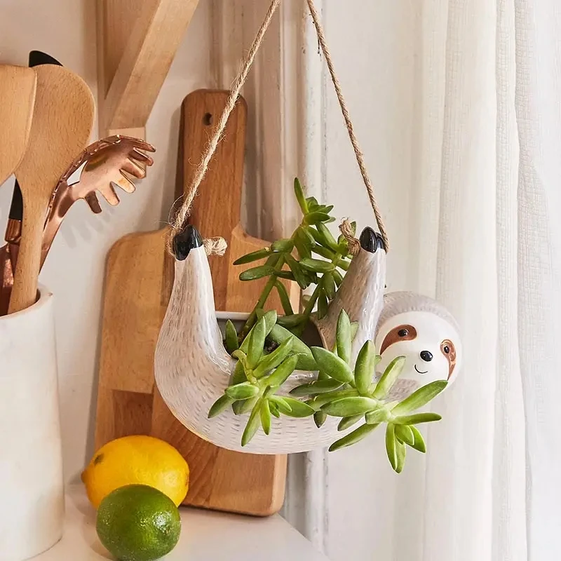 Sloth Hanging Planters Pots Indoor for Succulent Cactus Outdoor Ceramic Cute Flower Pot Holder Gardening Gifts for Women Plant