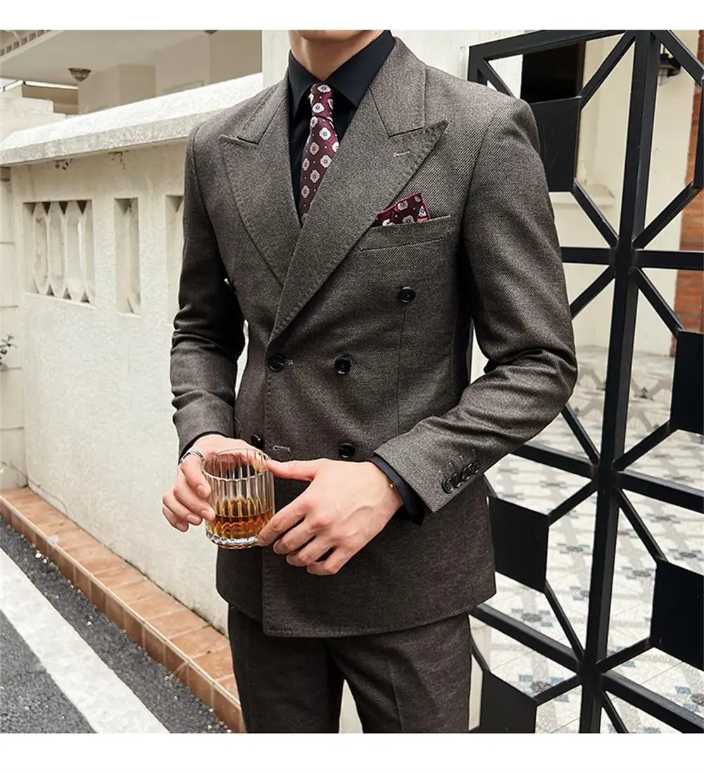 

Мужской двубортный костюм для похудения, комплект из шерсти, деловой мужской костюм, осенний комплект жениха, комплект банкетного мужского костюма