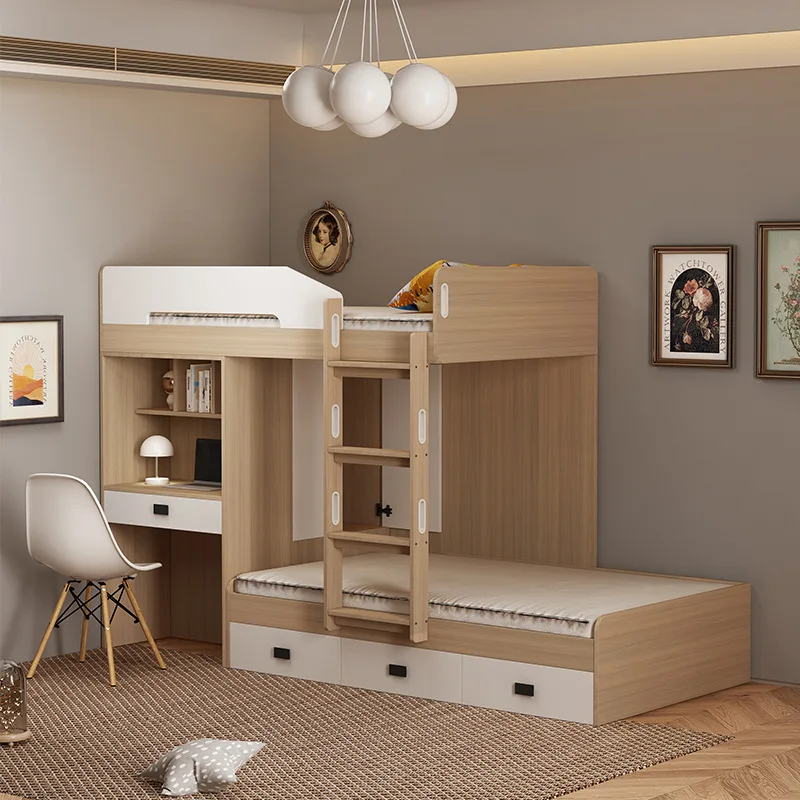 Staggered upper and lower beds Small apartment children's high and low beds Multifunctional upper and lower bunk child and mothe
