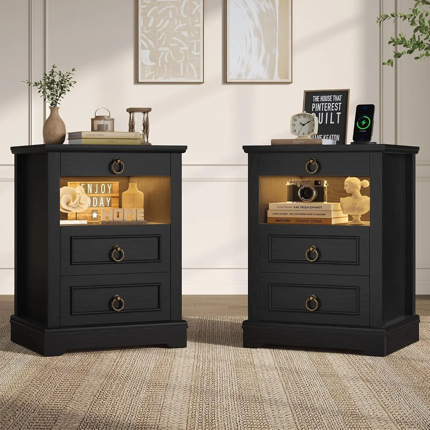 Nightstands Set of 2, LED Nightstand with Charging Station, 3 Drawers Bedside Table with Open Shelf, Farmhouse, Customized