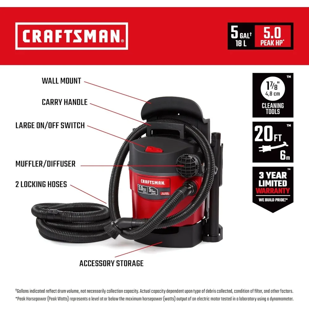 5-галонный пылесос HP для влажной и сухой уборки мощностью 5,0 пик, портативный и настенный для мастерской, с фильтром, двумя шлангами и насадками