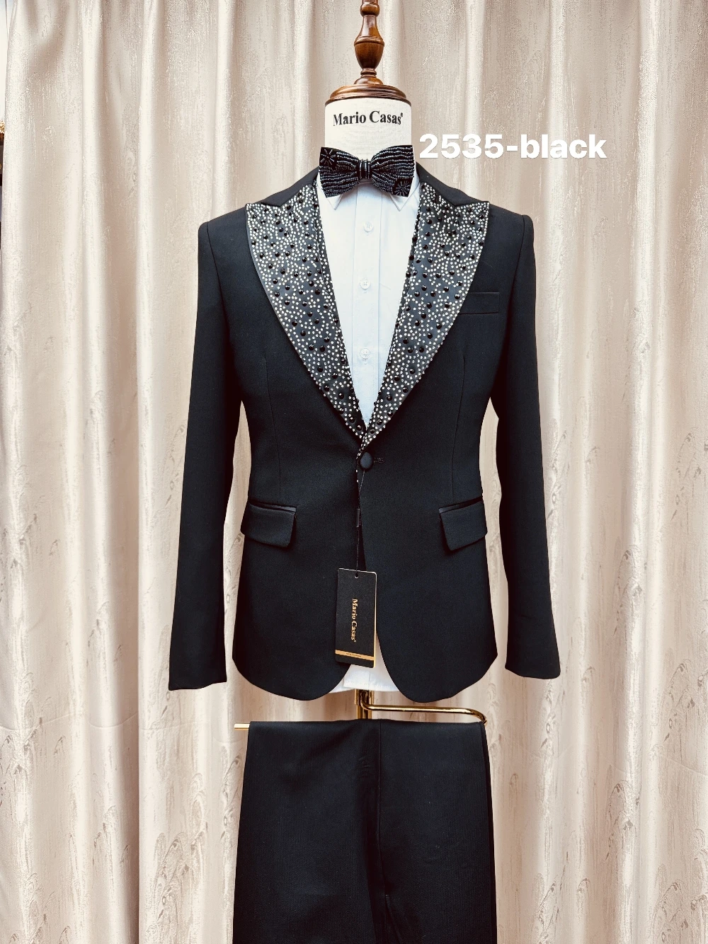 Black Three Pieces Suit For Men, Beaded Peak Lapel Tuxedo, New Arrival, Premium One Button Wedding Groom Wear, Fast Shipping