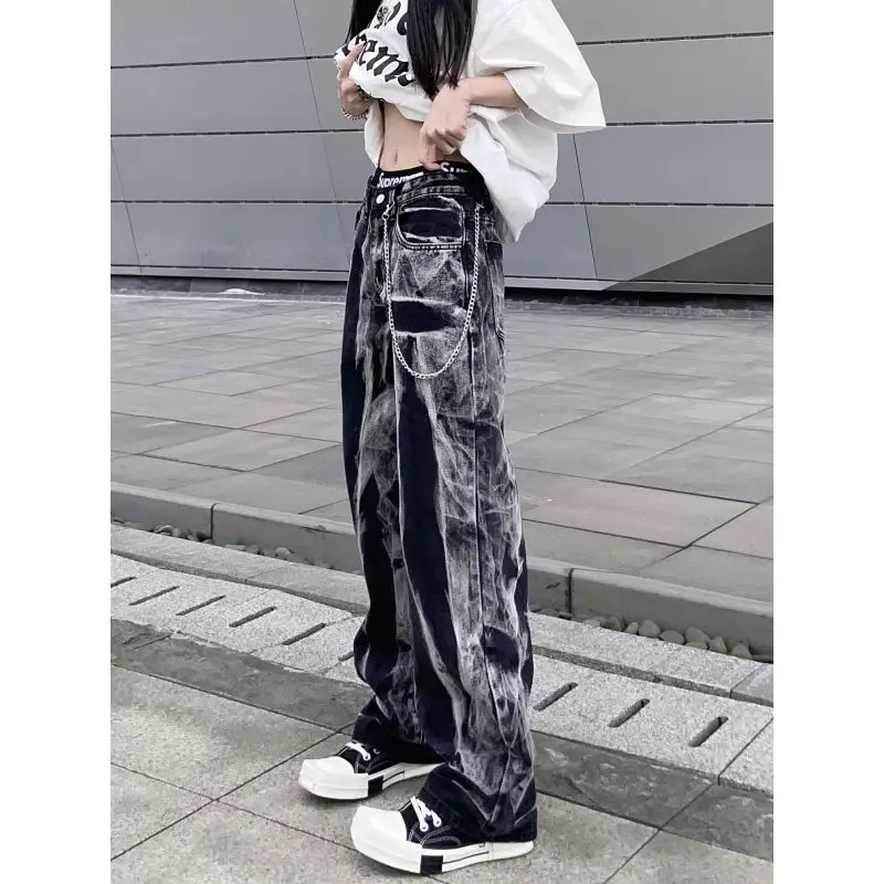 Contrast European And American Hip Hop High Street Fashion Brand Tie Dyed Jeans Women'S American Retro Straight Tube Loose Wide