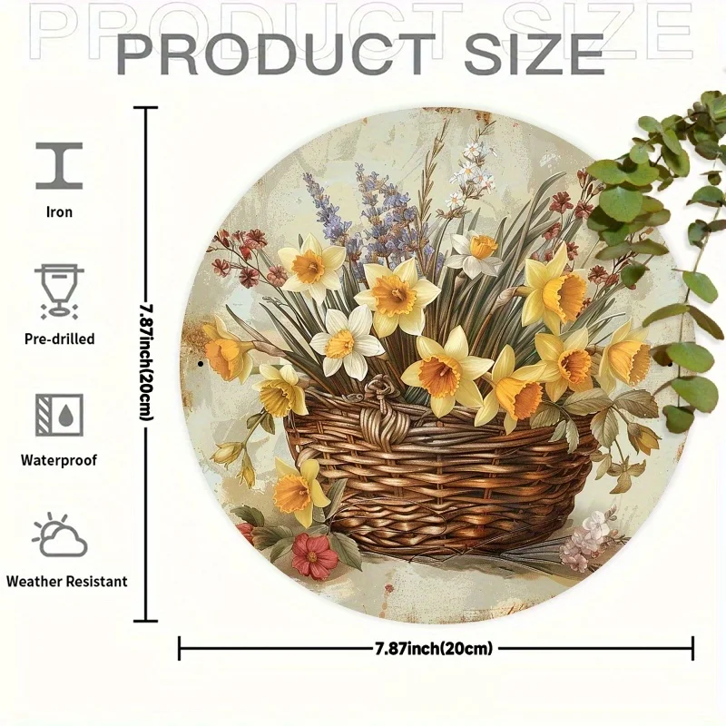 1pc Vintage Spring Daffodil Metal Sign, Wall Art Sign - 7.87x7.87 Inches Round Iron 2D Printed Home, Kitchen, Garden and Office