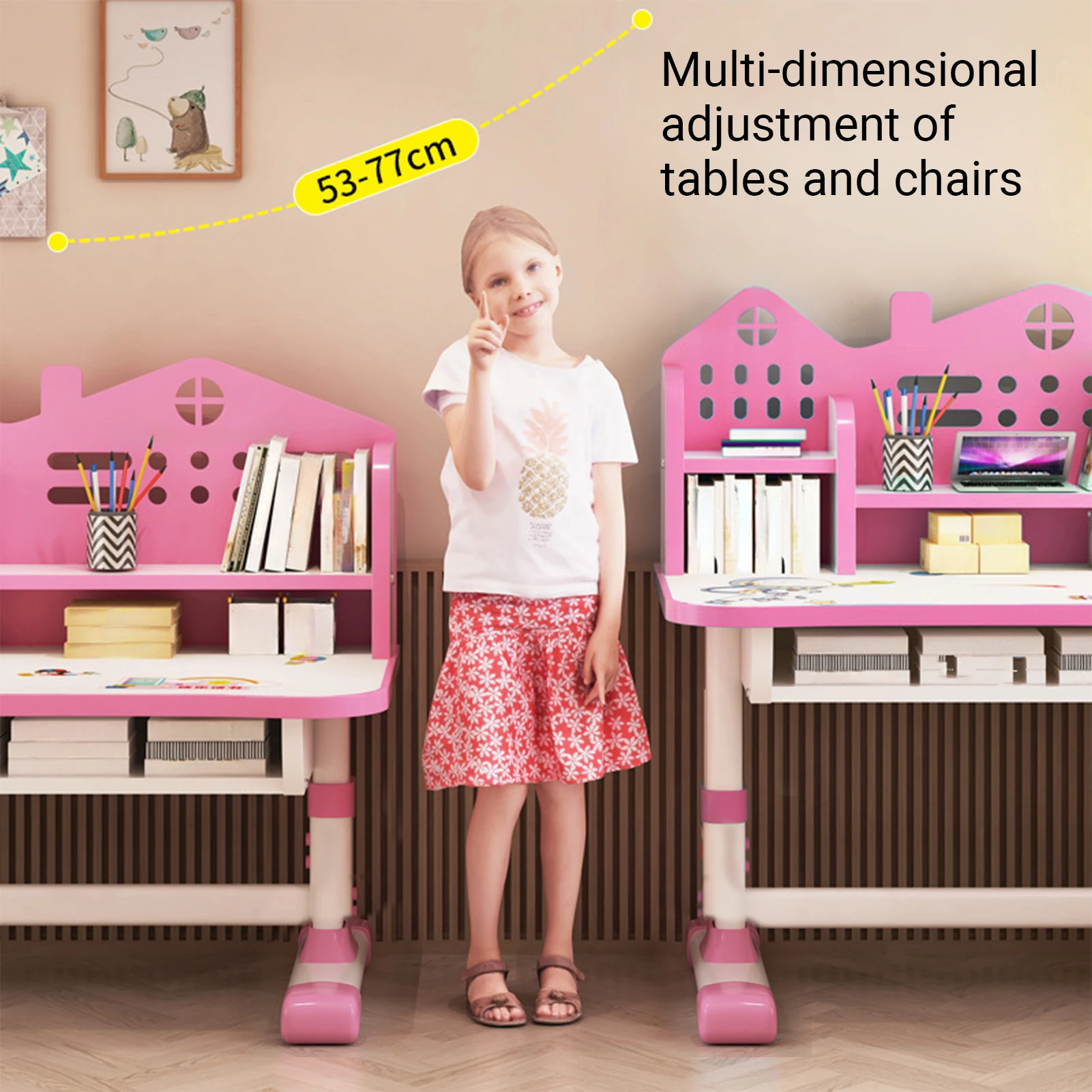 2Pcs/Set Multi Bookstand Widened Desktop Desk Chair Set Cartoon Pattern Kids Adjustable Height Study Drawer Table with Chair Set