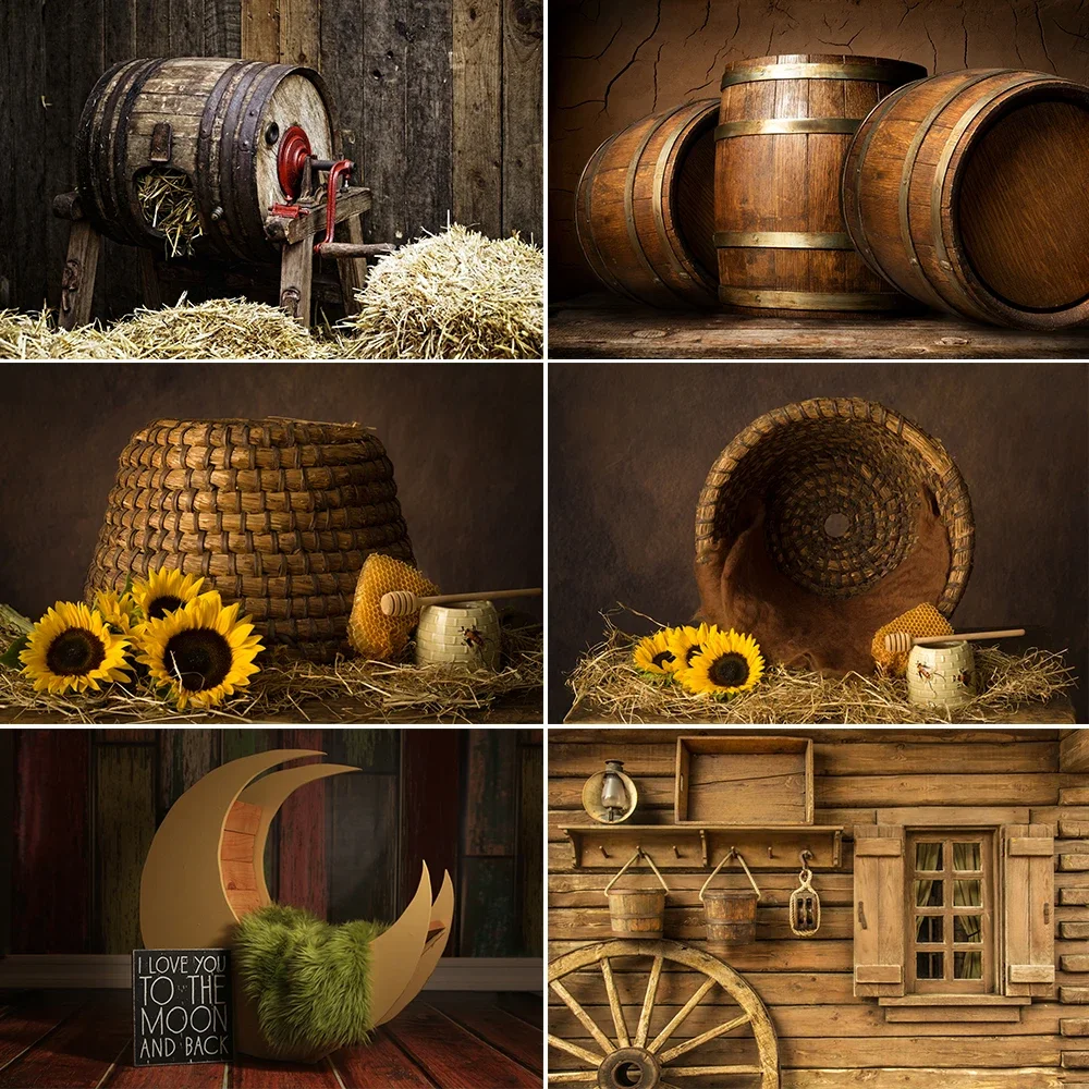 

Photography Backdrop Old Wooden Warehouse Rural Farm Wood Wheel Barrel Party Baby Portrait Photocall Photo Background Banner