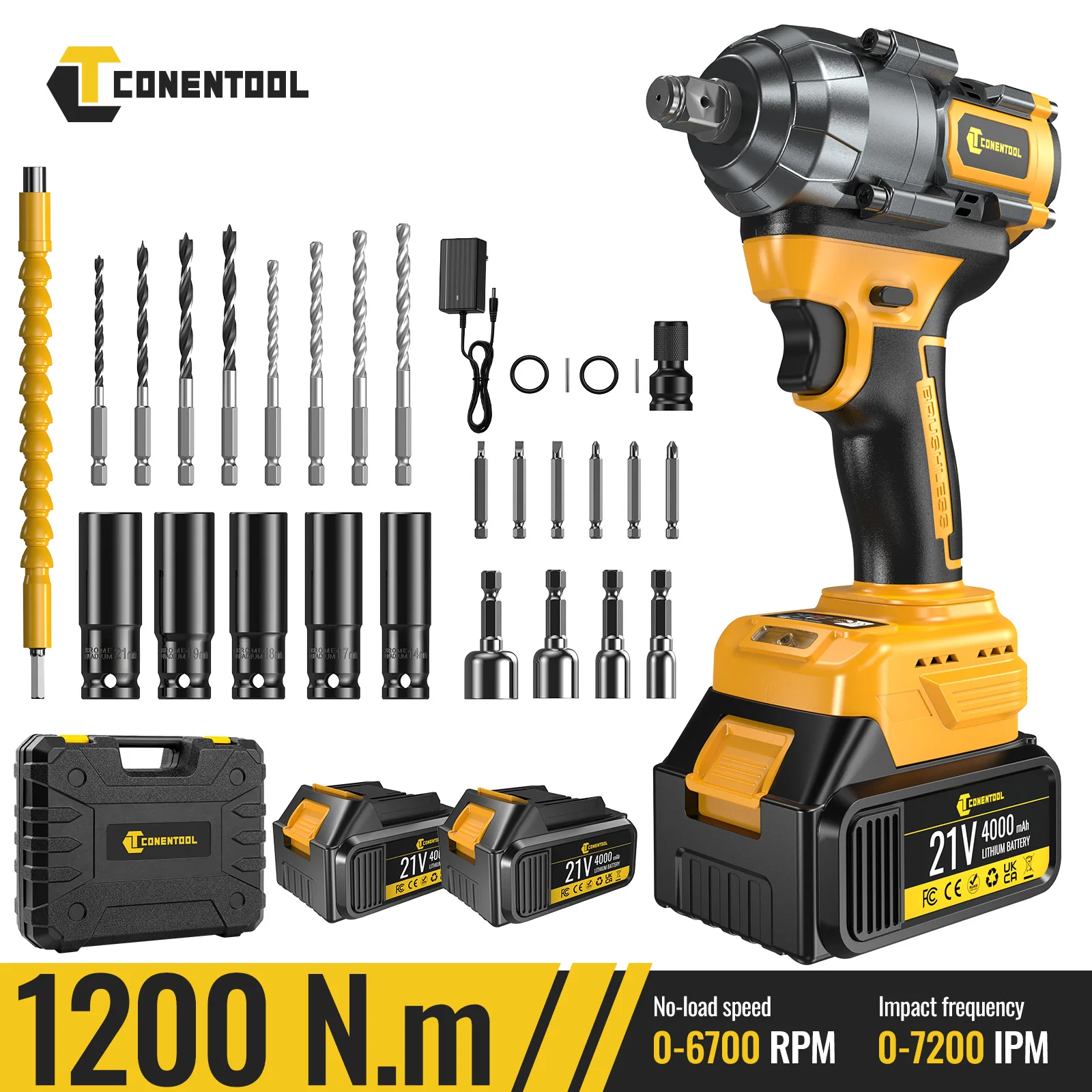 CONENTOOL Akku-Schlagschrauber mit bürstenlosem Motor, 1200 Nm maximales Drehmoment, 1/2" Vierkantantrieb, kabelloses Elektrowerkzeug-Set, 4000 mAh, LED-Anzeige, kompatibel mit Makita 18V Akku
